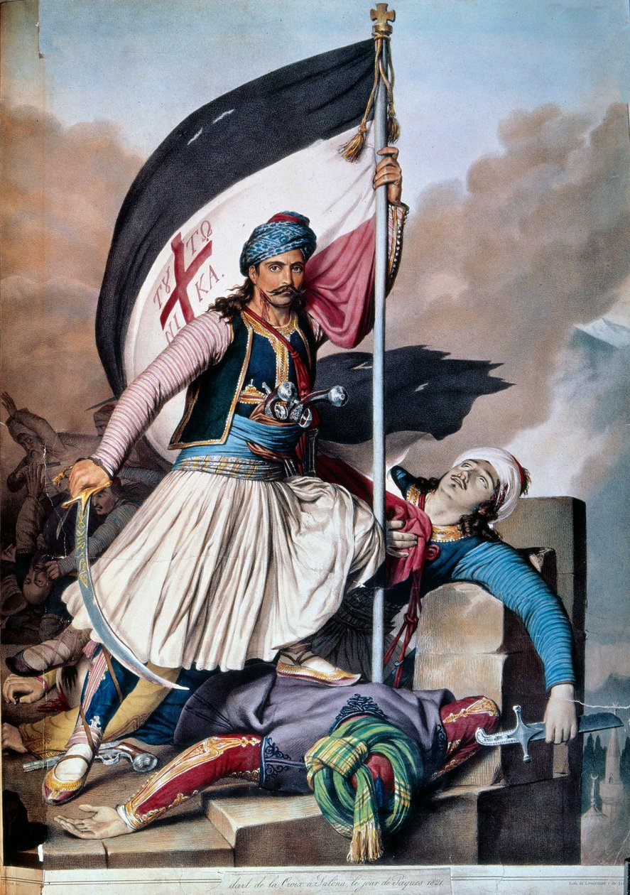 Guerra da Independência da Grécia contra o Império Otomano: a bandeira sobe para Salona por Nickolaki Mitropolos após a revolta de 25/03/1821. Litografia de 1821. Paris, Artes Decorativas de Unknown artist