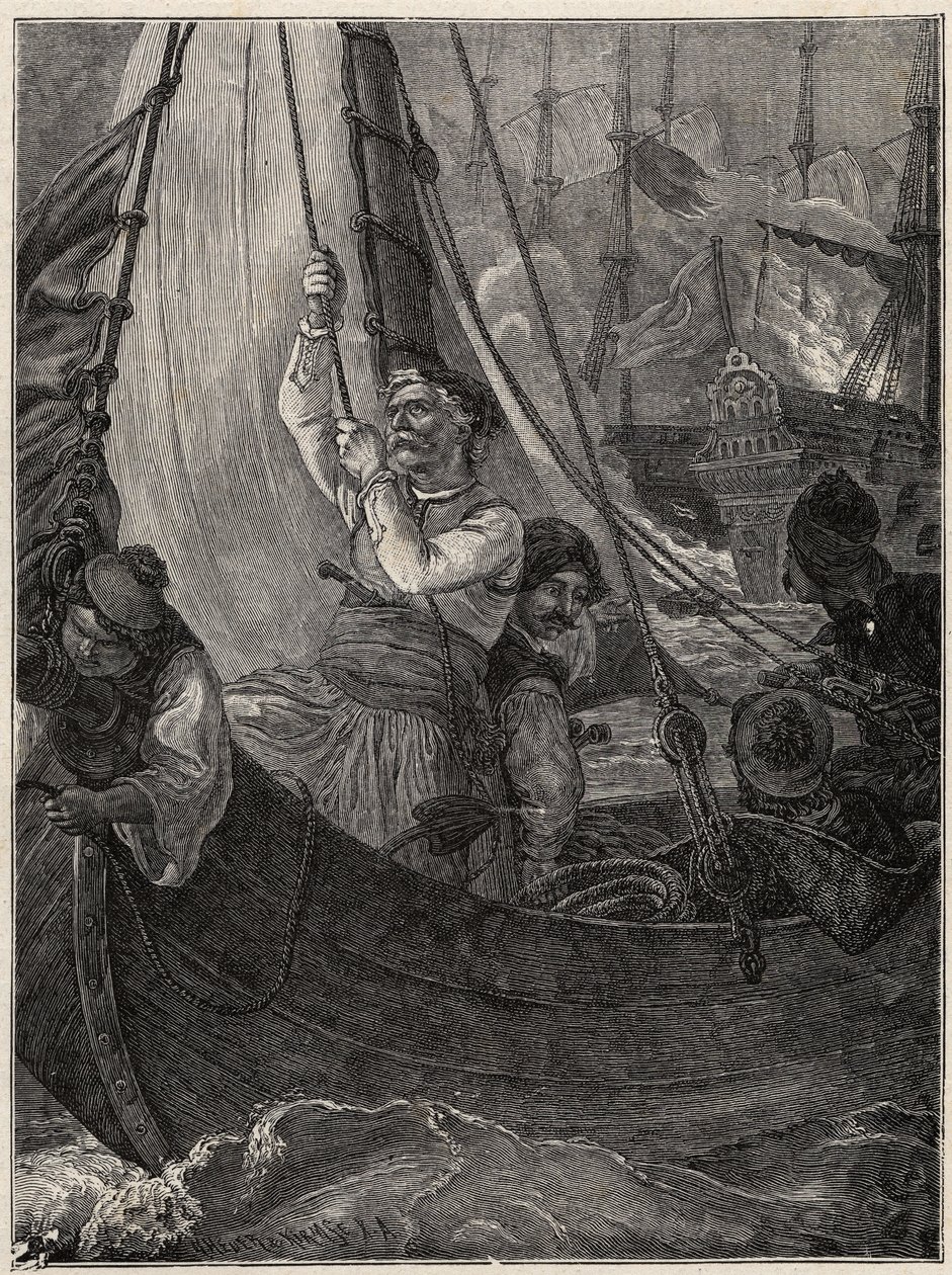 Guerra da Independência da Grécia 1821 - 1829: Constantino (Constantino) Kanaris (Konstantinos Canaris) queimando o navio-estandarte da frota turca antes de Chios de Unknown artist