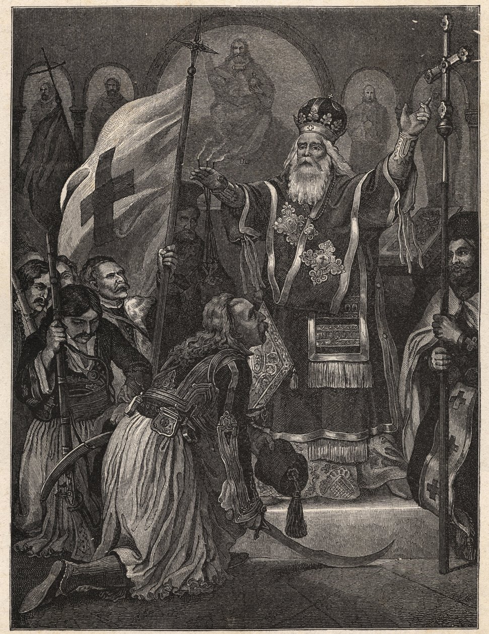 Guerra da Independência da Grécia 1821 - 1829: bispo Germanos (Germain) III de Old Patras (Georgios Gotzias) abençoa a bandeira da luta pela liberdade, mosteiro de Agia Lavra (Sainte Laure du Peloponnese), 21 de Março de 1821 - gravura após pintura de Unknown artist