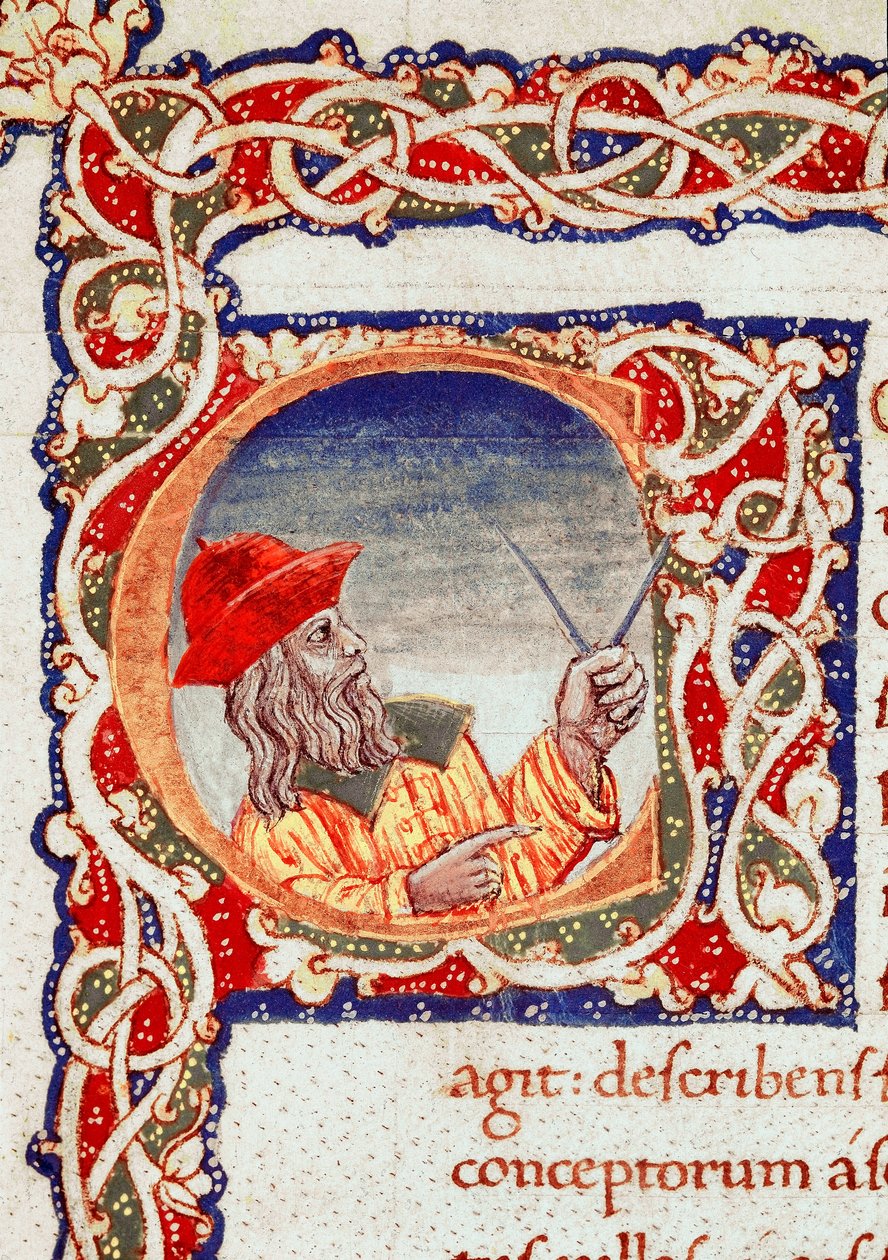 O astrônomo grego Claude Ptolemee (Claudius Ptolemaeus) (cerca de 90-around 168 d.C.) usando uma comppas para fazer cálculos Miniatura tirada de "Cosmographia" (Ms. V.F. 32 f.2r) Nápoles, Biblioteca Nacional de Unknown artist