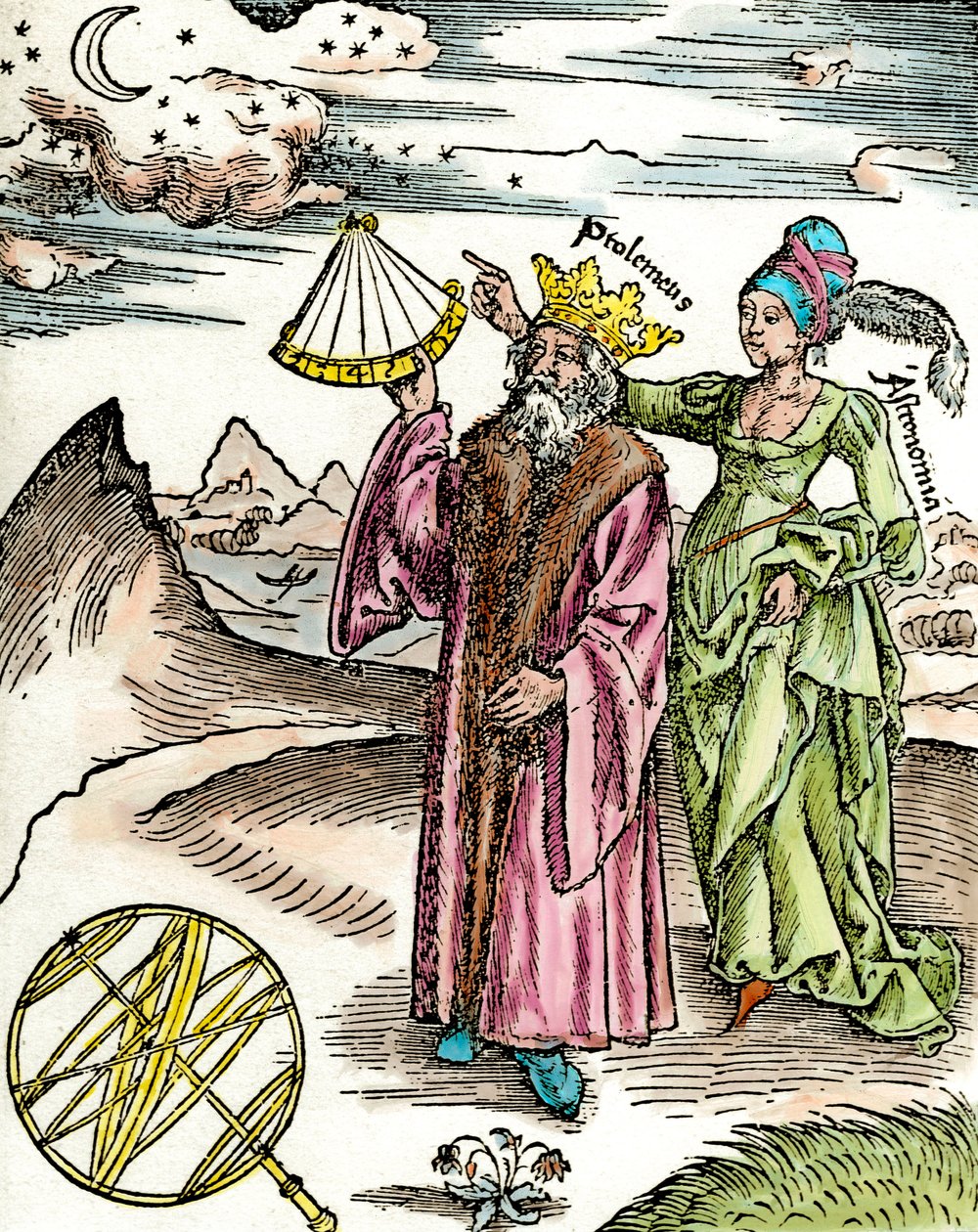 O astrônomo grego Claude Ptolemee (Claudius Ptolemaeus) (cerca de 90-around 168 AD) usando um sextante e astronomia. Gravura a partir de 1503. Coleção Particular de Unknown artist
