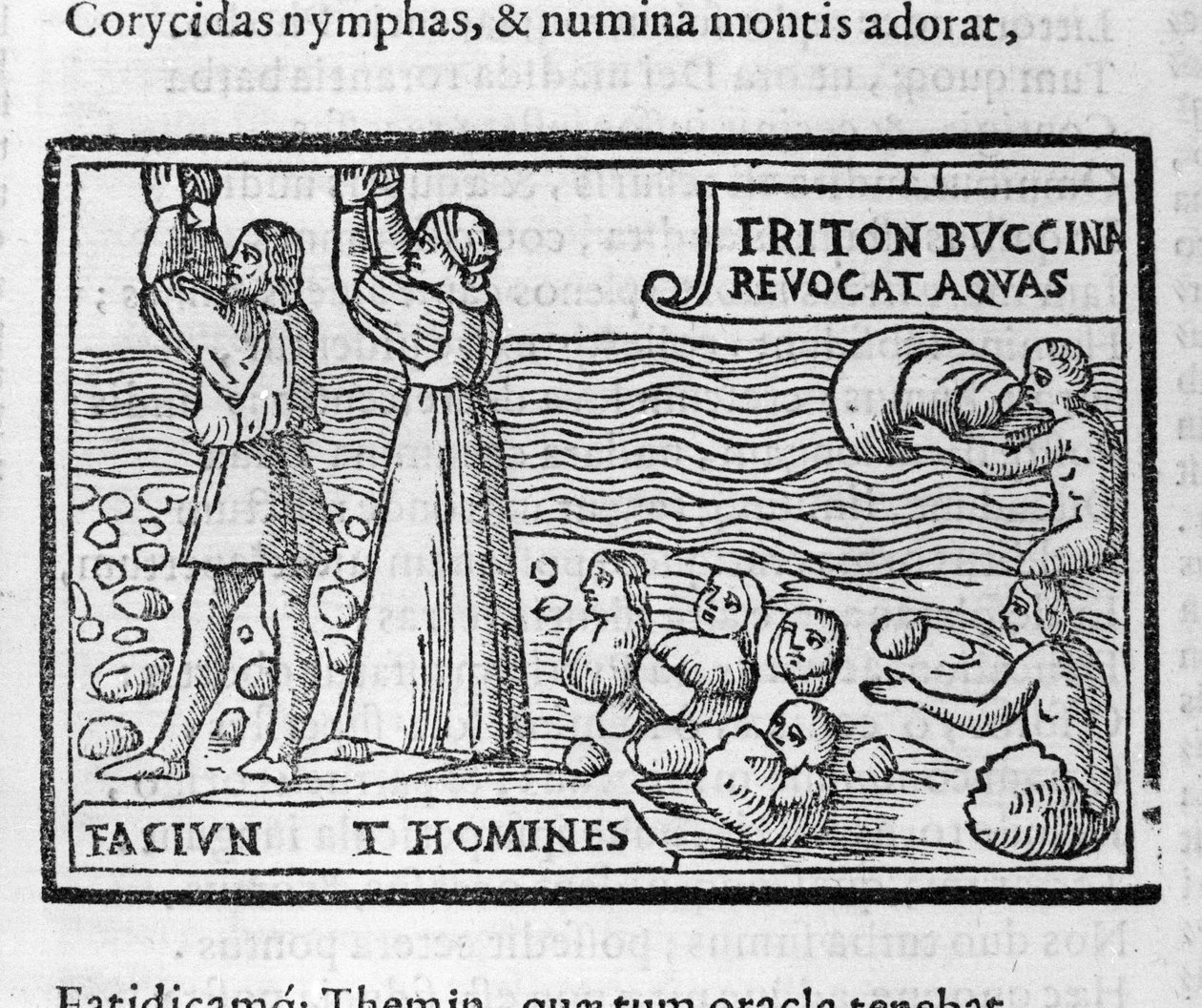 Mitologia grega: Deucalion e Pyrrha atirando pedras que dão à luz seres humanos após o dilúvio para povoar a Terra. Xilogravura do século XVI de Unknown artist