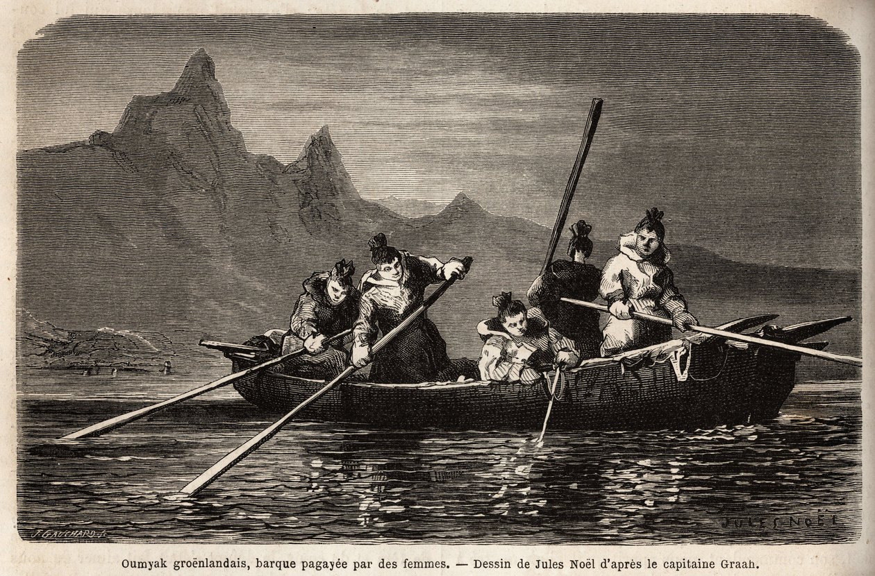 Gronelândia Umyak, tipo de barco operado por mulheres. Gravura para ilustrar a viagem ao mar livre do pólo Ártico, pelo Dr. Hayes, cirurgião da Marinha dos Estados Unidos, em 1860-1862, publicada no "Le tour du monde, nouveau journal des voyages", editado  de Unknown artist