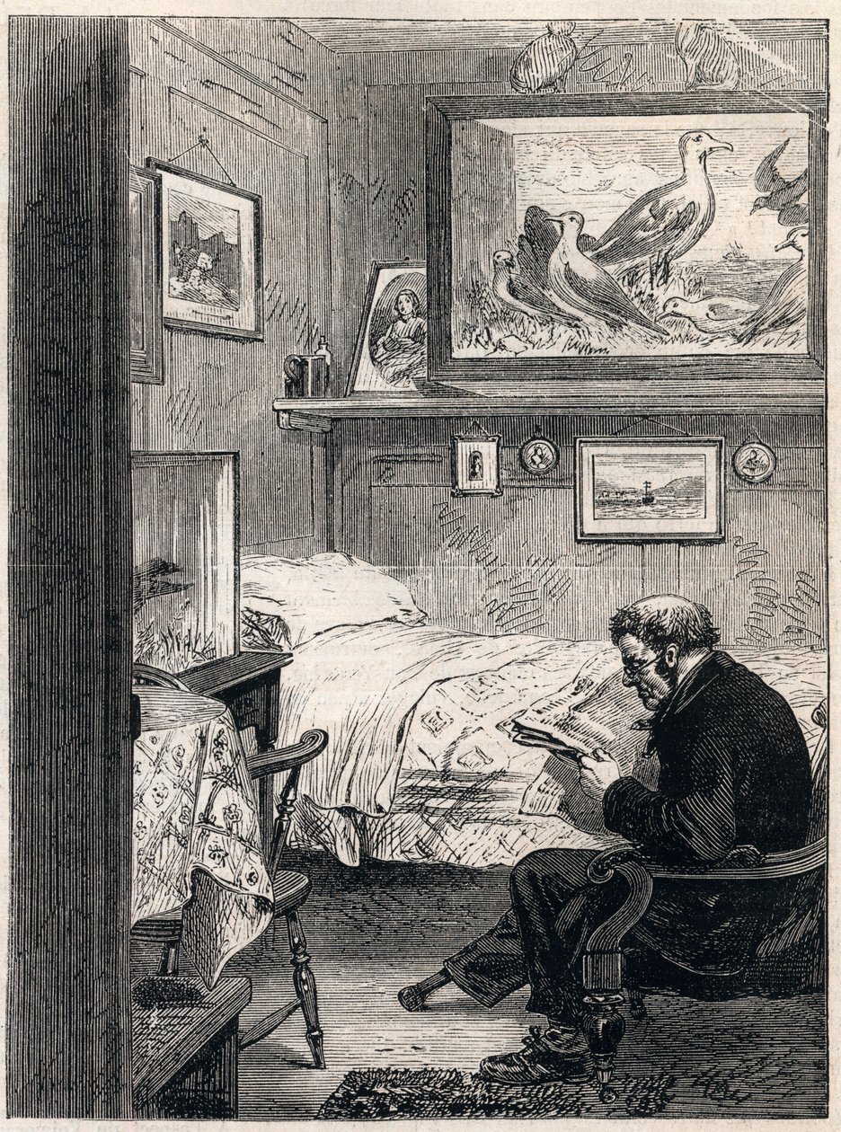 Greenwich Hospital Cabin Royal Charles Ward - 1865 gravura de um pensionista naval nos seus aposentados (Greenwich Hospital) - de Unknown artist