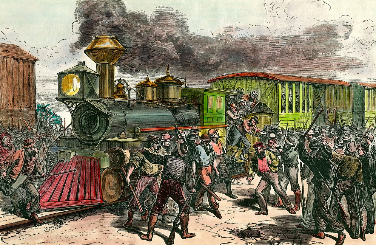 Greve na linha ferroviária que liga Baltimore, Ohio Trabalhadores perseguem maquinistas e engenheiros de um trem em direção a Baltimore. 1877 Século XIX Gravura Coleção Privada de Unknown artist