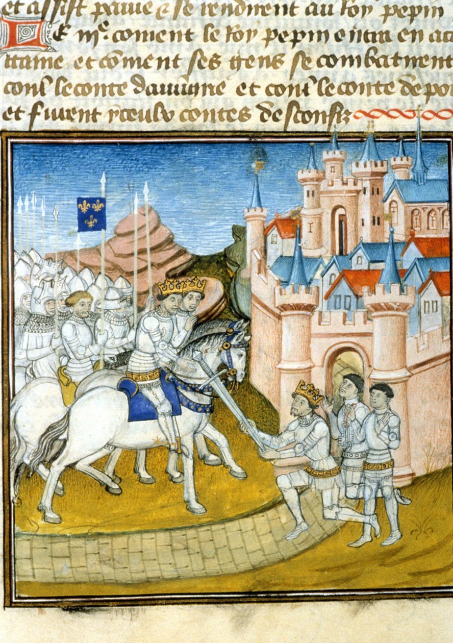 Griffon (Grippon) (ca. 726-753) foi para os seus irmãos Pepin III conhecido como Pepin le Brief (714-768) e Carloman (ca. 715-754) após o cerco de Laon em 741. Miniatura em "Grandes Chroniques de Saint-Denis". de Unknown artist