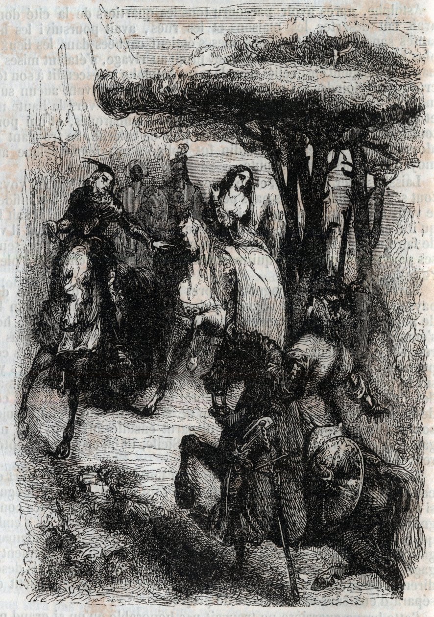 Griffon meets Origille - gravura de 1851 de "Furious Roland" (Orlando furioso) (século XVI) de Ludovico Ariosto, conhecido como Ariosto - Edição traduzida do italiano pelo Conde de Tressan e publicada por Gustave Harvard 1851 de Unknown artist