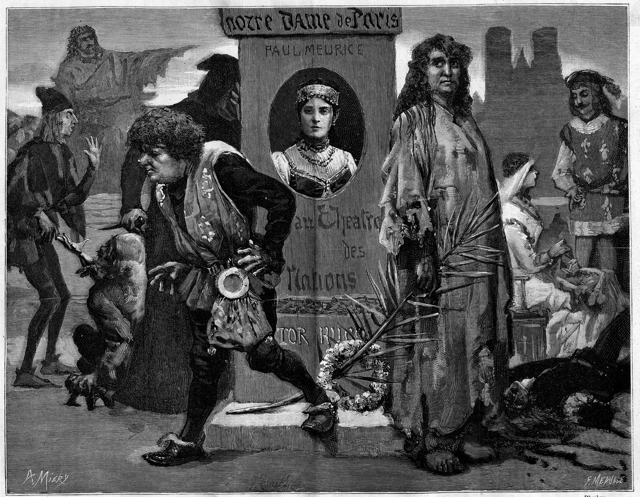 Gringoire, Quasimodo, La Esmeralda, La Sachette e Phoebus. Principais personagens da peça de teatro "Notre Dame de Paris", drama de Paul Meurice (1912-1979) de Victor Hugo (1802-1885) representado no Theatre des Nations. Gravura em "Le Monde illustration de Unknown artist