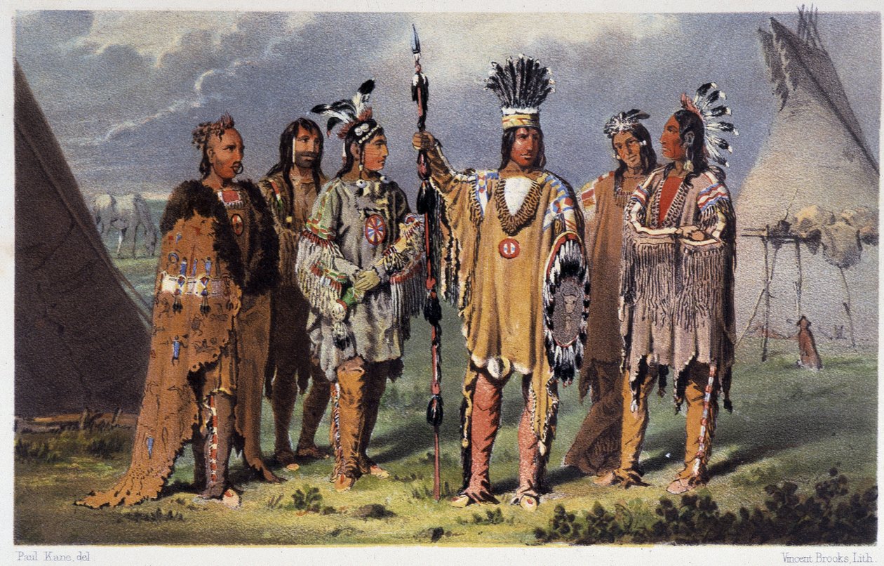 Grupo dos Seis Chefes Indianos - em "Wandering of an artist among the indians of north america" por Paul Kane, Longmans & Roberts, Londres de Unknown artist