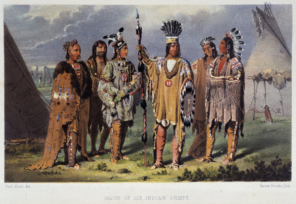 Grupo dos Seis Chefes Indianos - em "Wandering of an artist among the indians of north america" por Paul Kane, Longmans & Roberts, Londres de Unknown artist