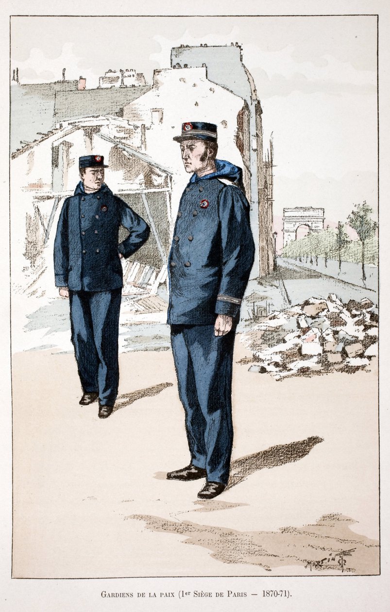 Guardiães de la paix (primeira sede de Paris 1870-1871). Gravura colorida, para ilustração do livro "Histoire du corps des gardiens de la paix" publicado sob os auspícios de Louis Lepine (1846-1933) prefet de police de la Seine, de Alfred Rey (1864-? de Unknown artist