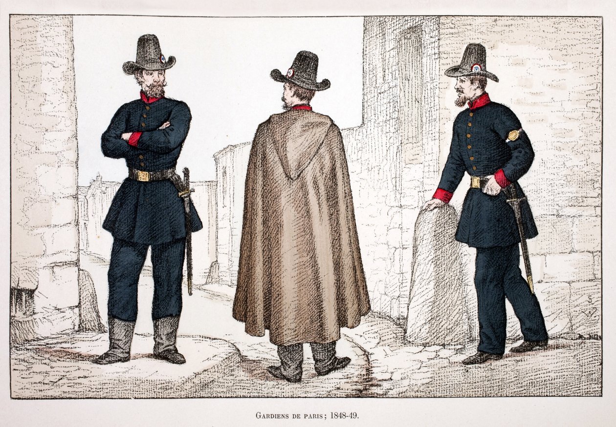 Guardiães da Paz (1848-1849). Gravura colorida, para ilustração do livro "Histoire du corps des gardiens de la paix" publicado sob os auspícios de Louis Lepine (1846-1933) prefet de police de la Seine, de Alfred Rey (1864-?) e Louis Feron de Unknown artist