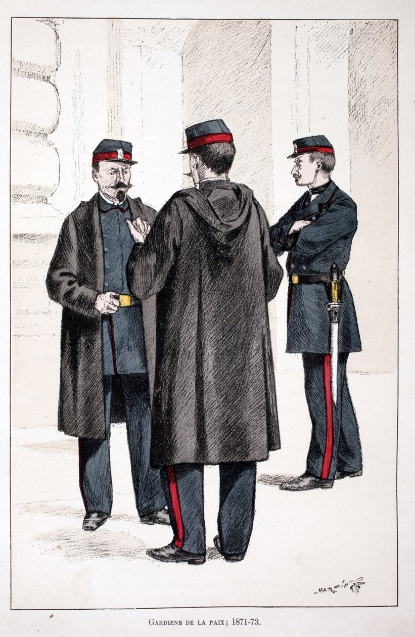 Guardiães da Paz (1871-1873). Gravura colorida, para ilustração do livro "Histoire du corps des gardiens de la paix" publicado sob os auspícios de Louis Lepine (1846-1933) prefet de police de la Seine, de Alfred Rey (1864-?) e Louis Feron de Unknown artist