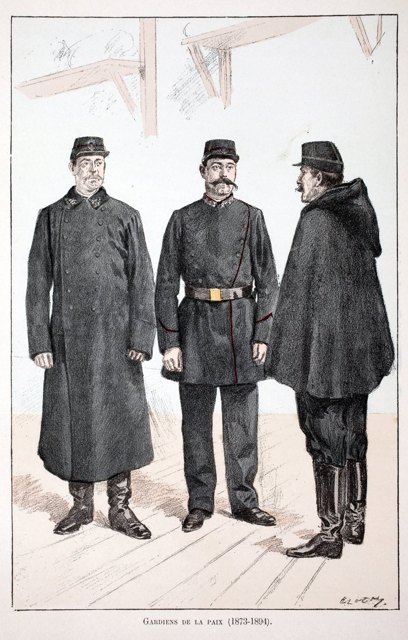 Guardiães da Paz (1873-1894). Gravura colorida, para ilustração do livro "Histoire du corps des gardiens de la paix" publicado sob os auspícios de Louis Lepine (1846-1933) prefet de police de la Seine, de Alfred Rey (1864-?) e Louis Feron de Unknown artist
