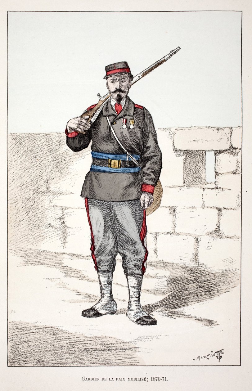 Os Guardiães da Paz se mobilizam (1870-1871). Gravura colorida, para ilustração do livro "Histoire du corps des gardiens de la paix" publicado sob os auspícios de Louis Lepine (1846-1933) prefet de police de la Seine, de Alfred Rey (1864-?) e Lo de Unknown artist