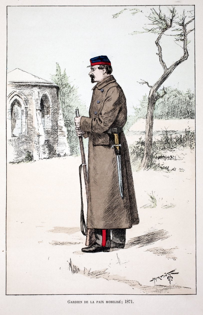 Os Guardiães da Paz se mobilizam (1871). Eau forte en couleurs, para ilustração do livro "Histoire du corps des gardiens de la paix" publicado sob os auspícios de Louis Lepine (1846-1933) prefet de police de la Seine, de Alfred Rey (1864-?) e Louis F de Unknown artist