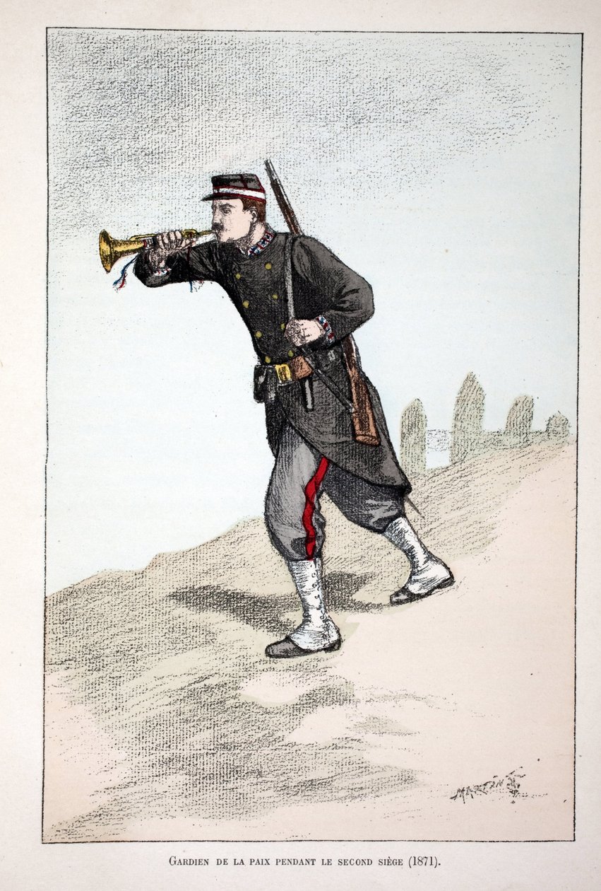 Guardiães da paz durante a segunda sede da Comuna de Paris (1871). Eau forte en couleurs, para ilustração do livro "Histoire du corps des gardiens de la paix" publicado sob os auspícios de Louis Lepine (1846-1933) prefet de police de la Seine, de Unknown artist