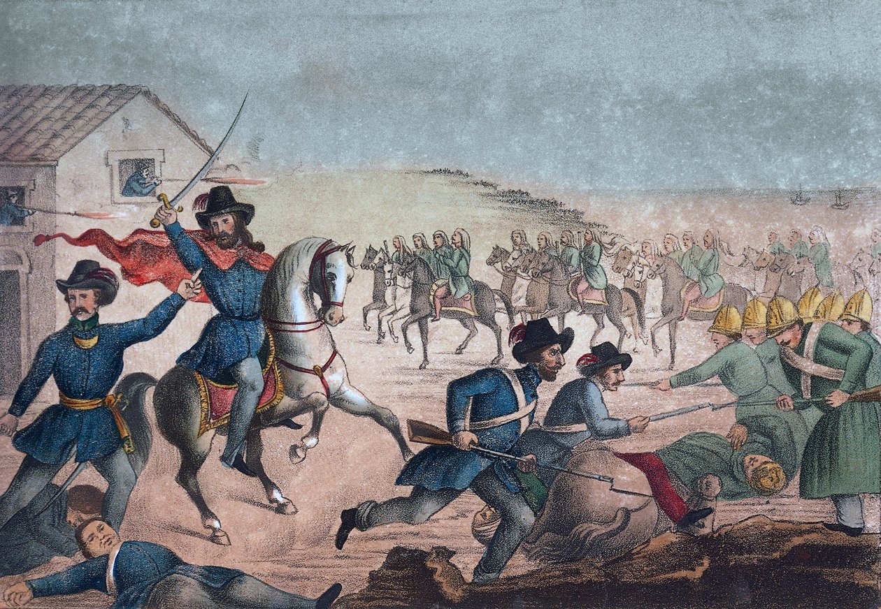 Guerra Grande: Garibaldi na Batalha de San Antonio, 8 de fevereiro de 1846 - Uruguai - Guerra Civil Uruguaia: Giuseppe Garibaldi durante a Batalha de San Antonio no Uruguai em 8 de fevereiro de Unknown artist