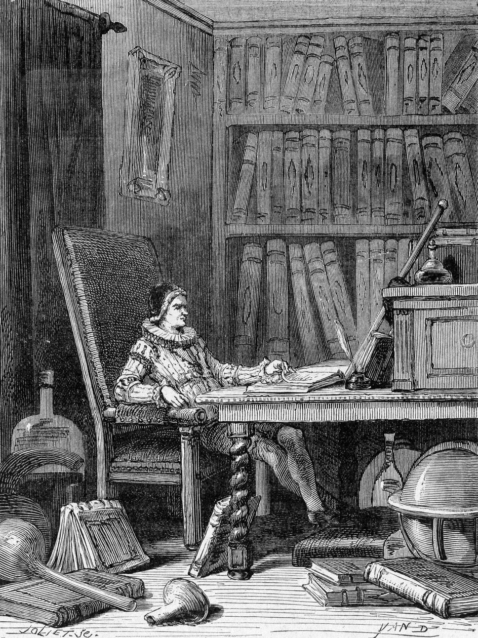 Guillaume Gilbert (1540 - 1603) escrevendo o seu tratado "De arte magnetica" por volta de 1600. Gravura do século XIX de Unknown artist
