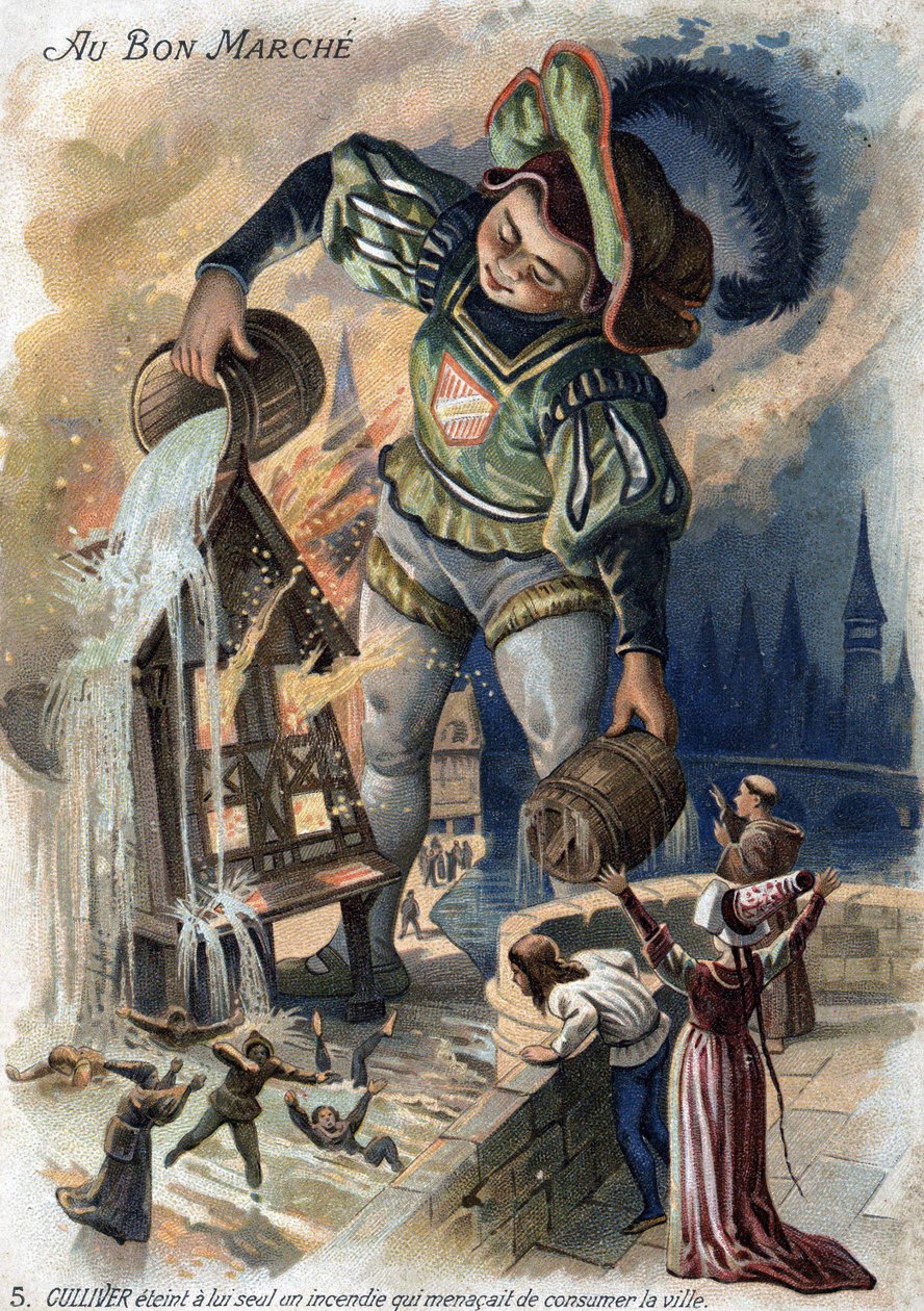As viagens de Gulliver por Jonathan Swift.Gulliver sozinho ateou um incêndio que ameaçava consumir a cidade em Lilliput.Chromolithography século 19. (barato). de Unknown artist