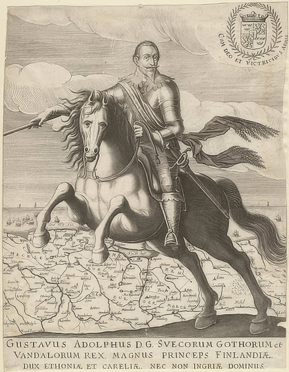 Gustav II Adolf na frente de um mapa da Pomerânia em segundo plano. 1630 de Unknown