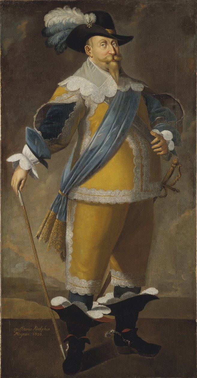 Gustavus II Adolfo, conhecido como o Grande ou o Leão do Norte - Retrato do Rei Gustav II Adolfo da Suécia (1594-1632), Anónimo . Óleo sobre tela. Tamanho: 204x103 cm. Nationalmuseum Estocolmo de Unknown artist