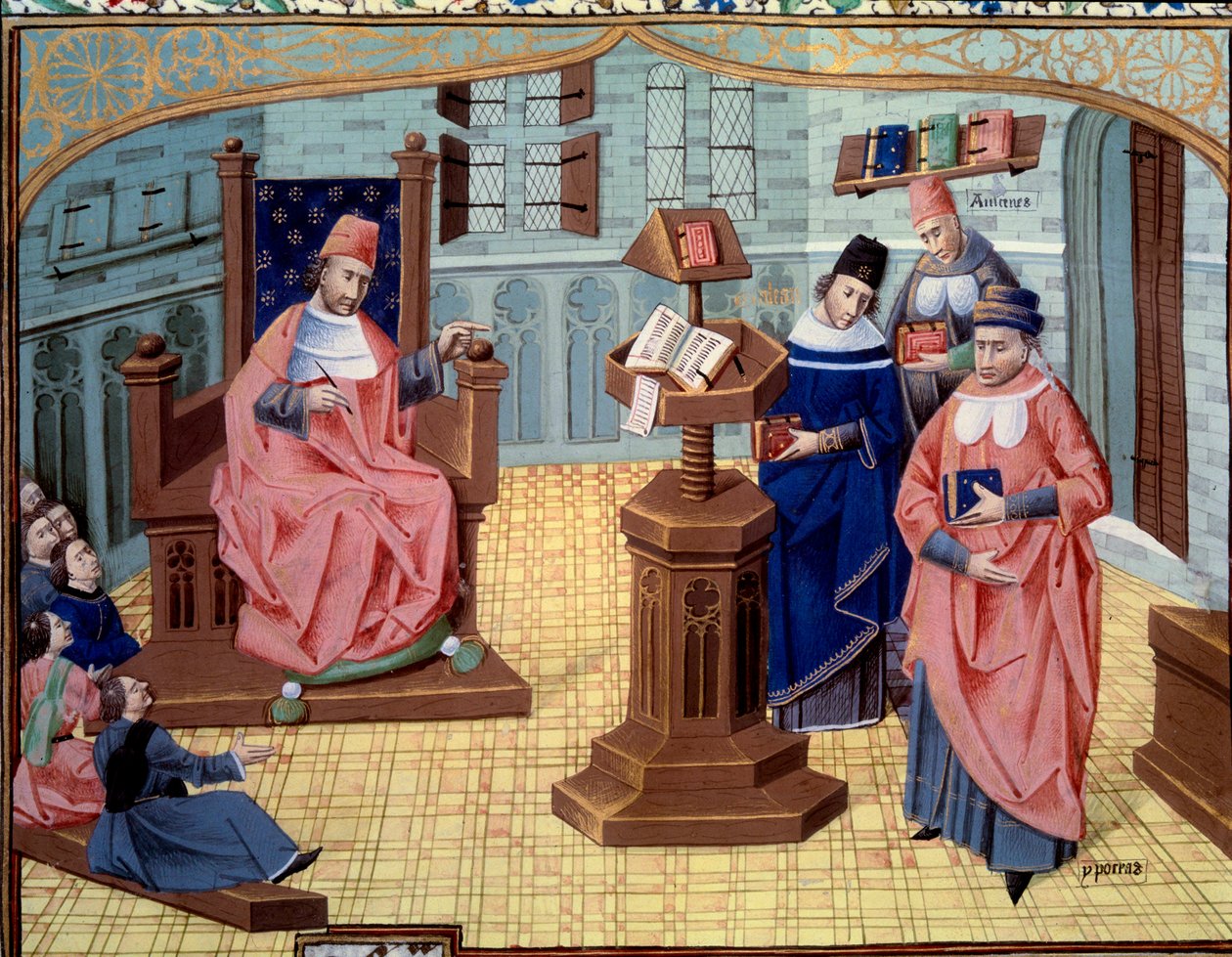 O tipo do professor Chirugian Chauliac. À sua direita, 6 ouvintes e à sua esquerda 3 personagens que resumem a história da medicina: Claude Galien (131-201), médico grego de Antiquite, Abu Ali al-Husayn ibn 