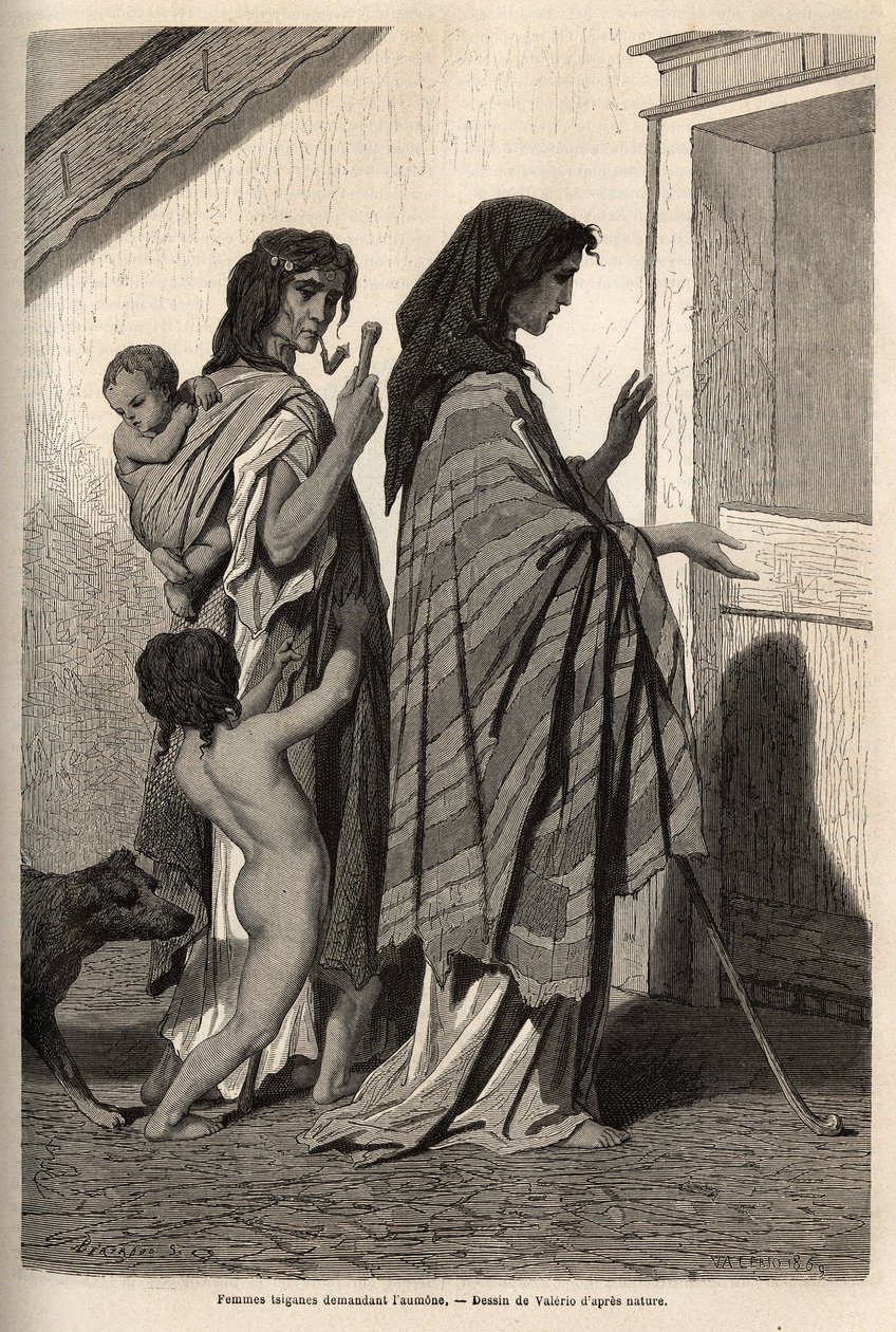 Mulheres e crianças ciganas, em trapos ou semi-nus, a pedir almônias porta-a-porta em Essek (bacia do Danúbio). Gravura para ilustrar as memórias das viagens entre os eslavos do sul, de Georges Perrot, em 1868, publicada em "Le tour du monde" 1870-1871, ed de Unknown artist