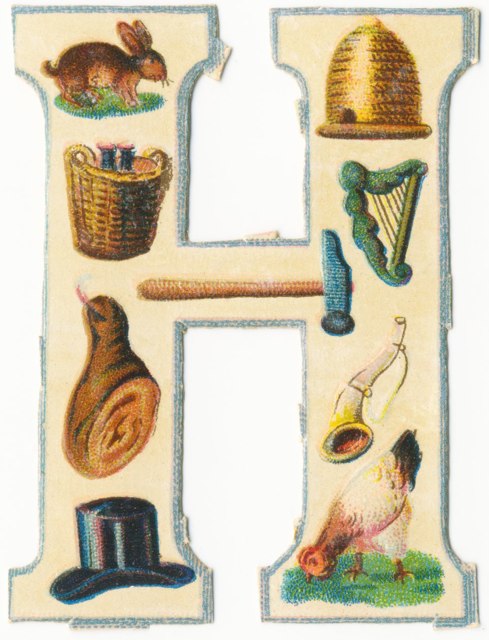 H: lebre, colmeia, cesta de colheita, harpa, martelo, presunto, chifre, chapéu, galinha (cor lito) de Unknown artist