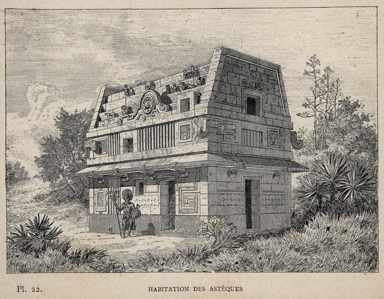 Habitation des Asteques (Azteques) (ome of the Aztecs) - gravura de 1889 em "Histoire de habitation humaine à l