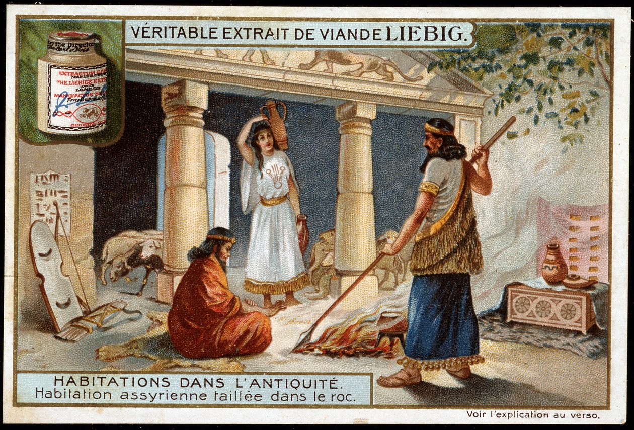 Habitações na antiguidade: Habitação assíria esculpida na rocha (Mesopotâmia) - Cromolitografia de Liebig de Unknown artist
