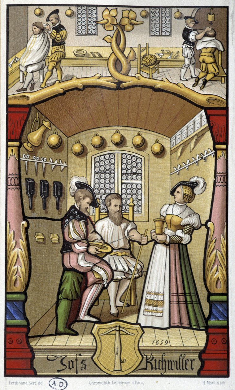 Cenas de cabeleireiro e barbeiro - fac-símile de uma miniatura de 1559 de Unknown artist