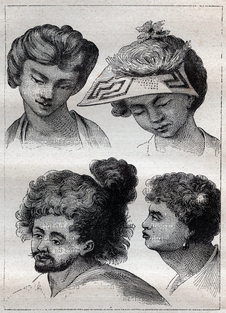 Penteados dos habitantes de Taiti (Tahiti) - ilustração tirada de "Os Grandes Marinheiros do século XVIII". de Unknown artist
