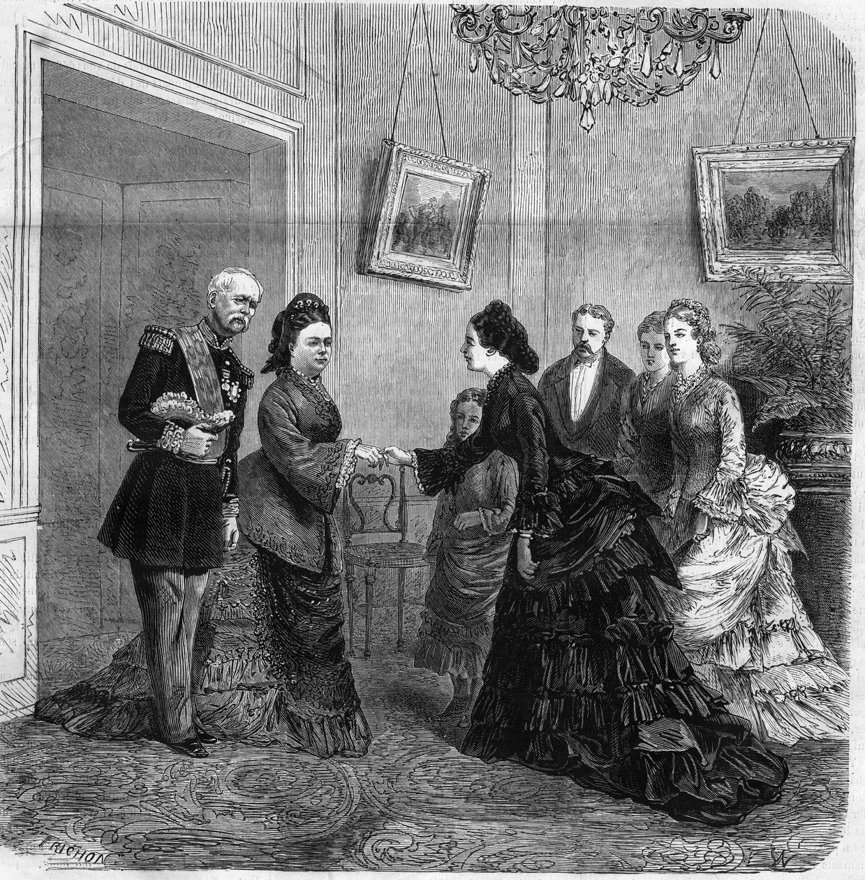 Entre Elisabeth de Mac Mahon (1834-1900) e a Impressora austríaca Elisabeth de Wittelsbach (1837-1898) (Sissi) durante a visita do Presidente da República Francesa Patrice de Mac-Mahon (1808-1893) à Áustria. 1875. Gravura em "O Universo de Unknown artist