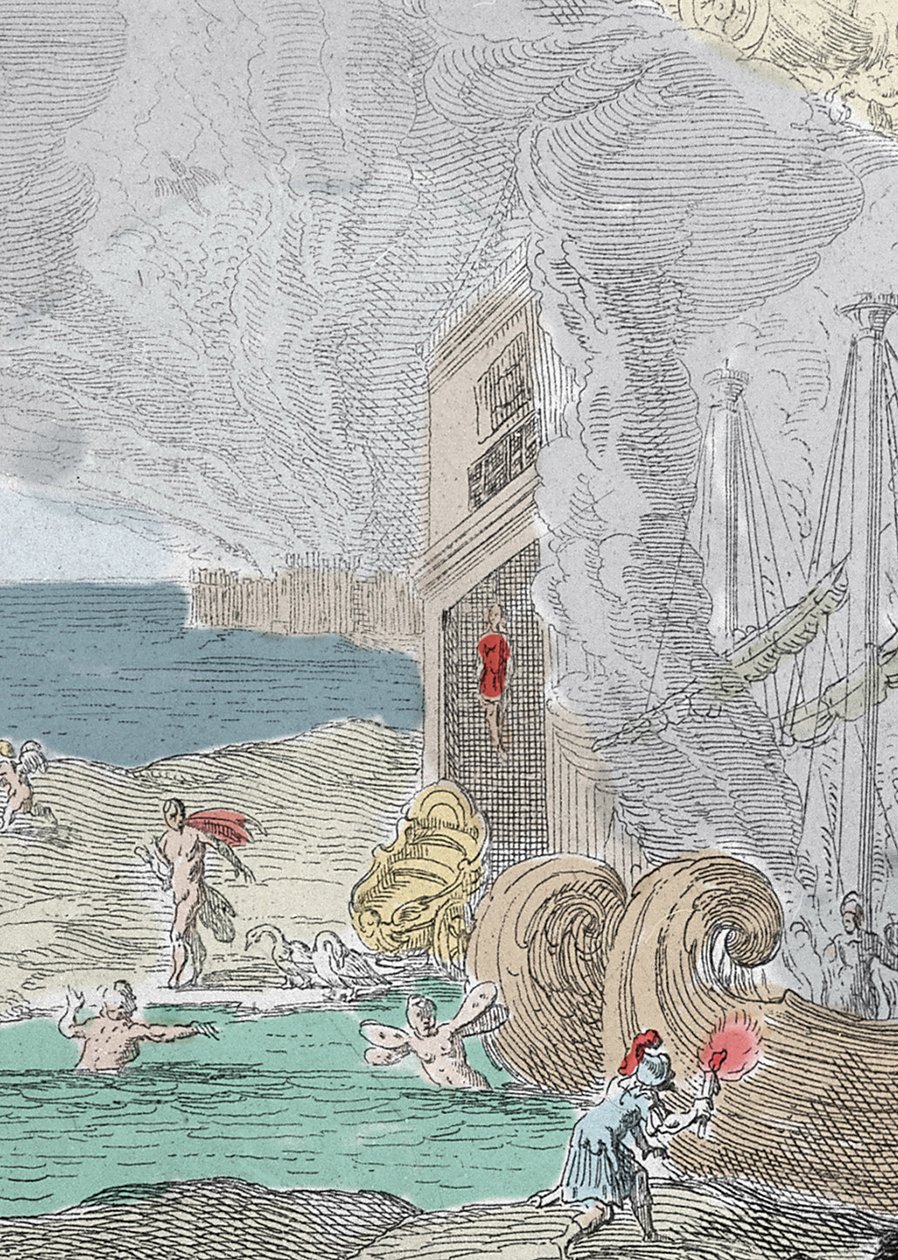 Enforcado Iphis repelido por Anaxarete. Detalhe de uma ilustração retirada do livro XIV de "Metamorfoses" (Metamorfosi) de Ovide (43 AC-17 AD). Gravura de 1637 de Unknown artist