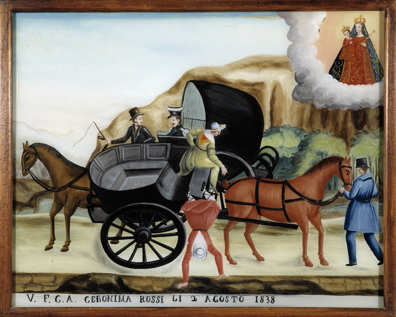 Pendurado entre duas carruagens e a queda de um passageiro - Pintura sobre vidro, ex-voto de Notre Dame de Laghet de Unknown artist
