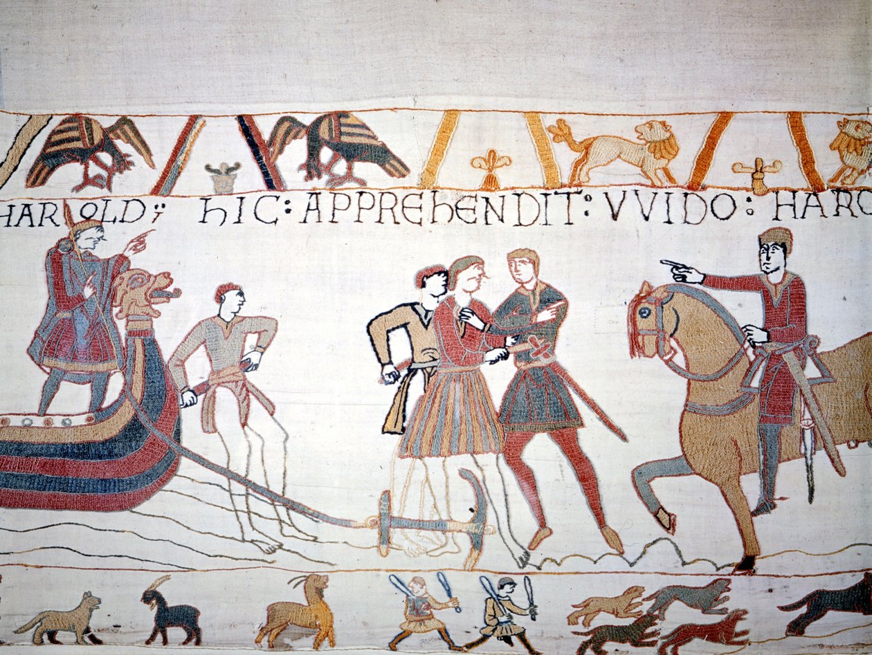 Harold II (1022 - 1066) pousou na Normandia onde foi capturado por Guilherme I o Conquistador (1027 - 1087). Tapeçaria Bayeux, conhecida como Bordado da Rainha Mathilde de Unknown artist