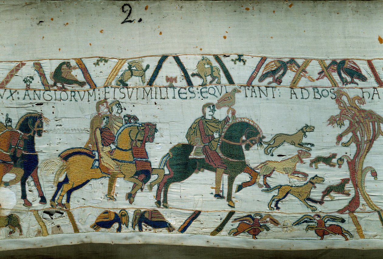 Haroldo, futuro rei da Inglaterra, foi enviado pelo Rei Eduardo, o Confessor, para informar Guilherme, o Conquistador (1027-1087), que ele seria seu sucessor à coroa inglesa. Vai para a costa da Mancha de Detalhe da Tapeçaria Bayeux ou Bordado da Rainha Ma de Unknown artist