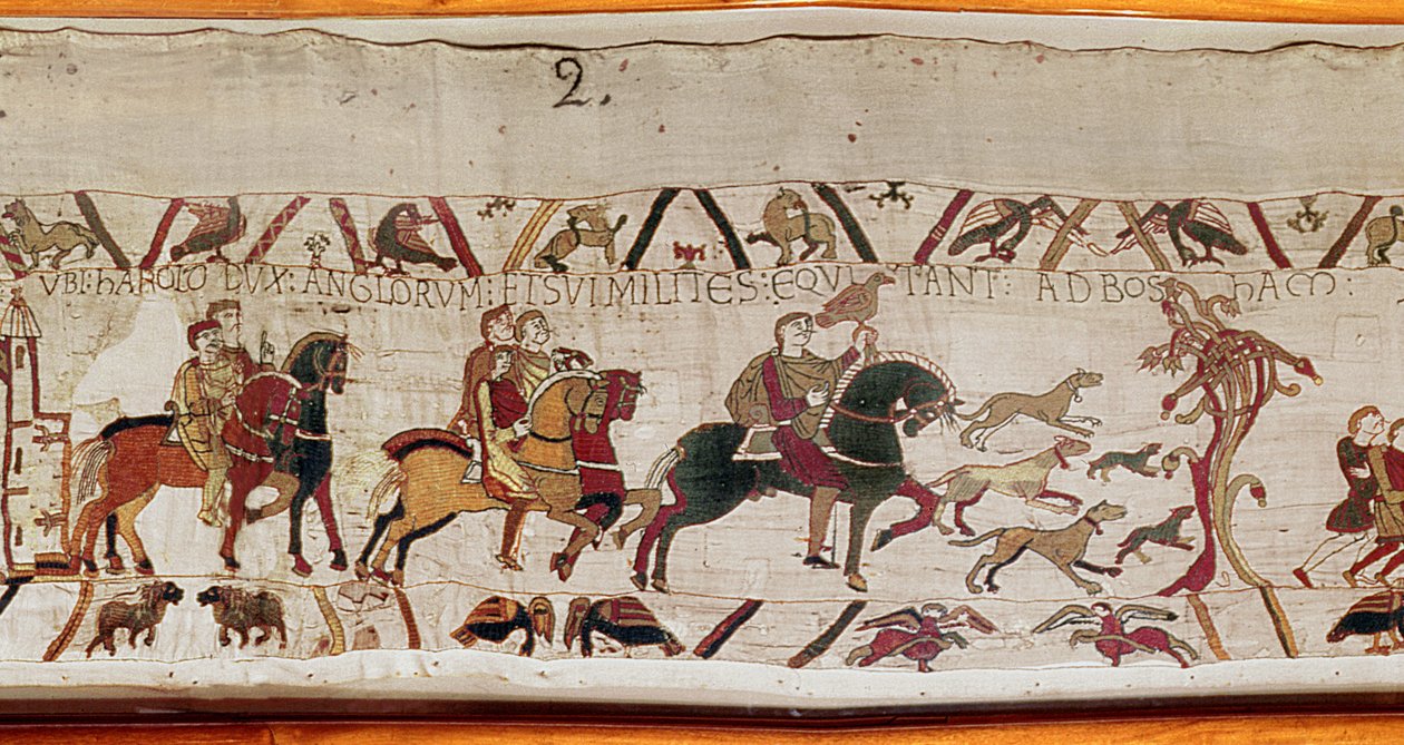 Harold é enviado com seus homens à Normandia por Edward, o Confessor, Bayeux Tapestry (bordado de lã em linho) de Unknown artist