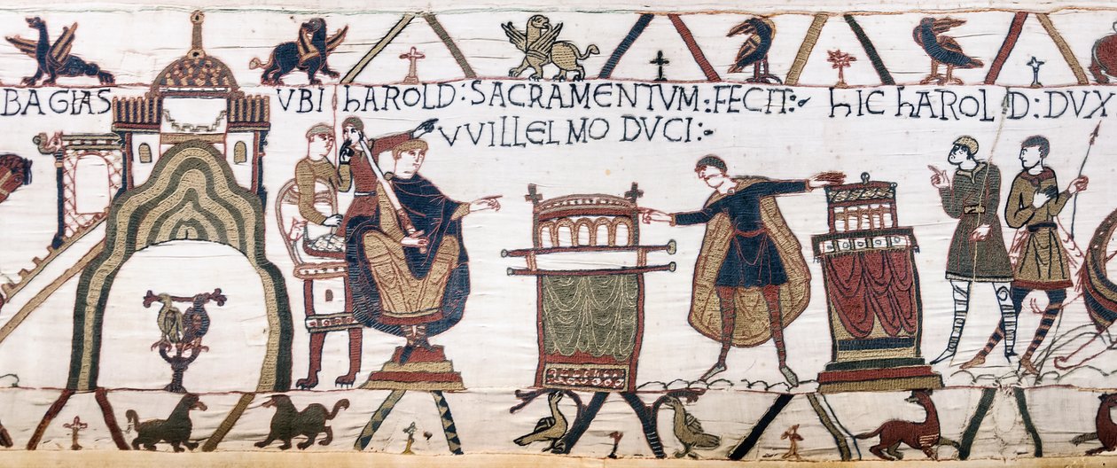Harold faz um juramento sagrado a William na Bayeux, Bayeux Tapestry (bordado de lã em linho) de Unknown artist