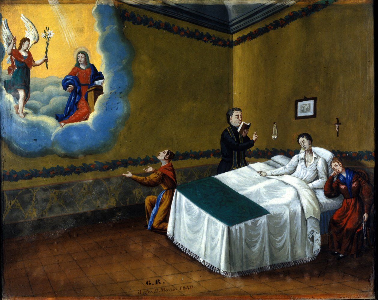A cura de uma pessoa doente. Ex voto de 1840 do santuário de Maria delle Grazie di Monza. de Unknown artist