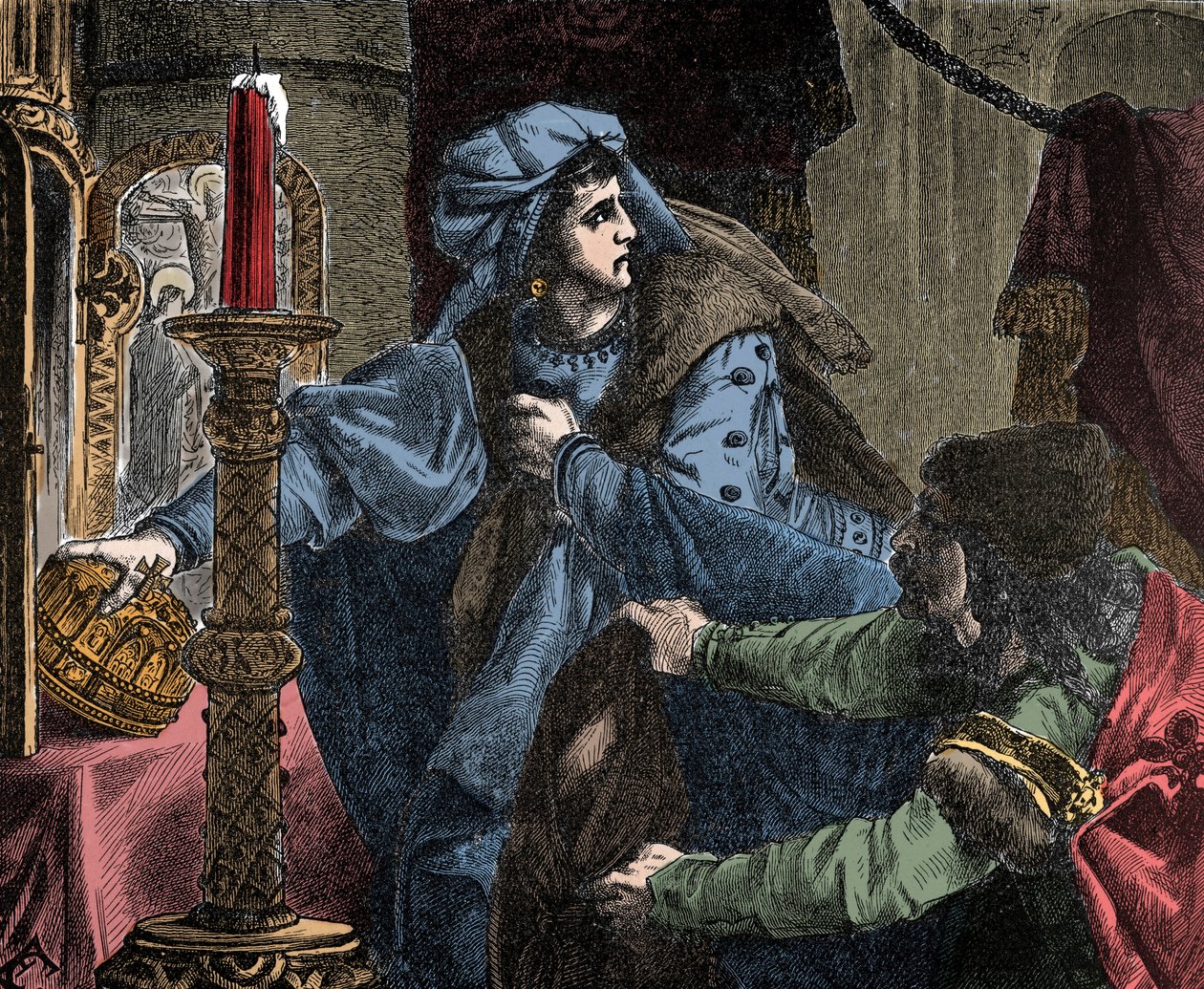 Helene Kottanner (Kottanerin, Kottannerin) (1439-1440) rouba a coroa real de Santo Estêvão (Coroa Sagrada da Hungria) em 1440 (Estêvão I da Hungria) ( de Unknown artist