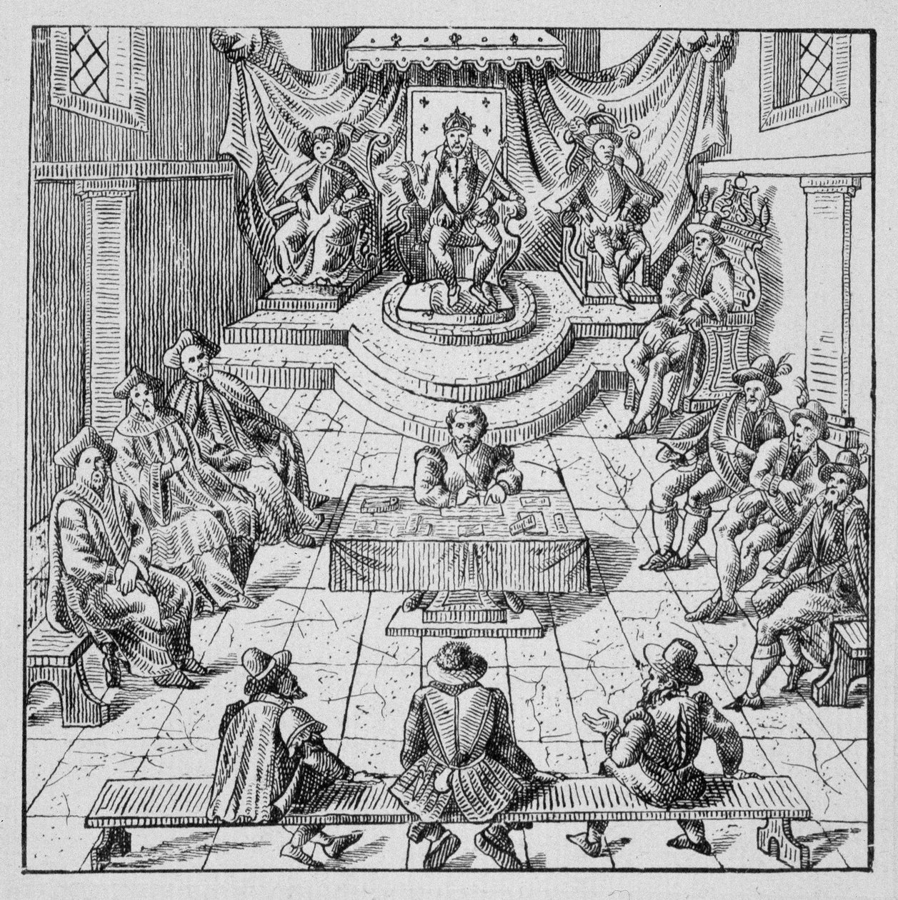 Henri III (1551 - 1589) com as Fazendas Gerais em Blois em 1576 - em "Coleção de 39 figuras representando as calamidades da França de 1562 a 1586"; Louis Perrin imprimerie de Unknown artist