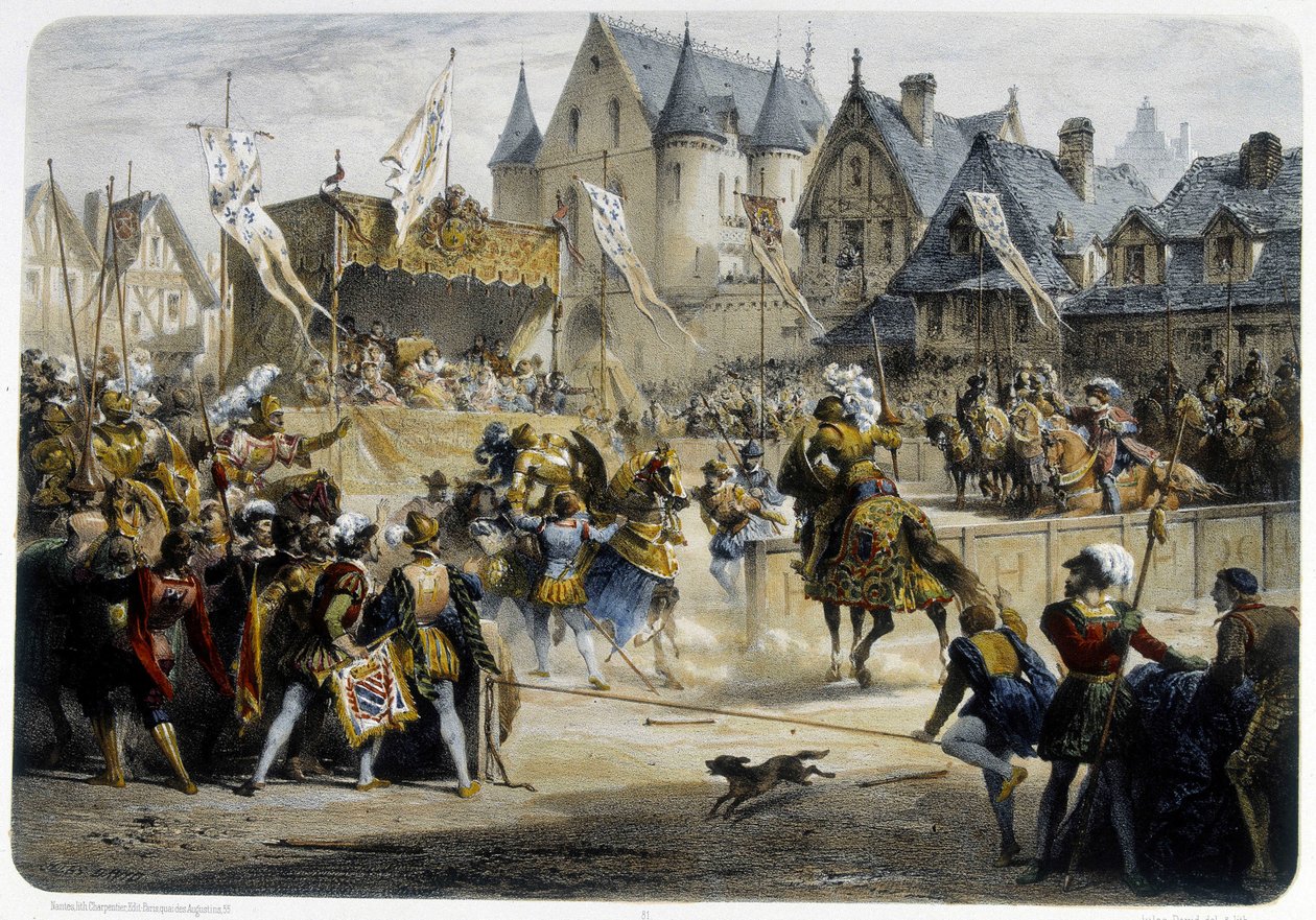 Henri II (1519 - 1559) ferido fatalmente por Montgomery durante o torneio de 29 de Junho de 1559, rue St Antoine, em frente ao Palais des Tournelles - litografia de Unknown artist