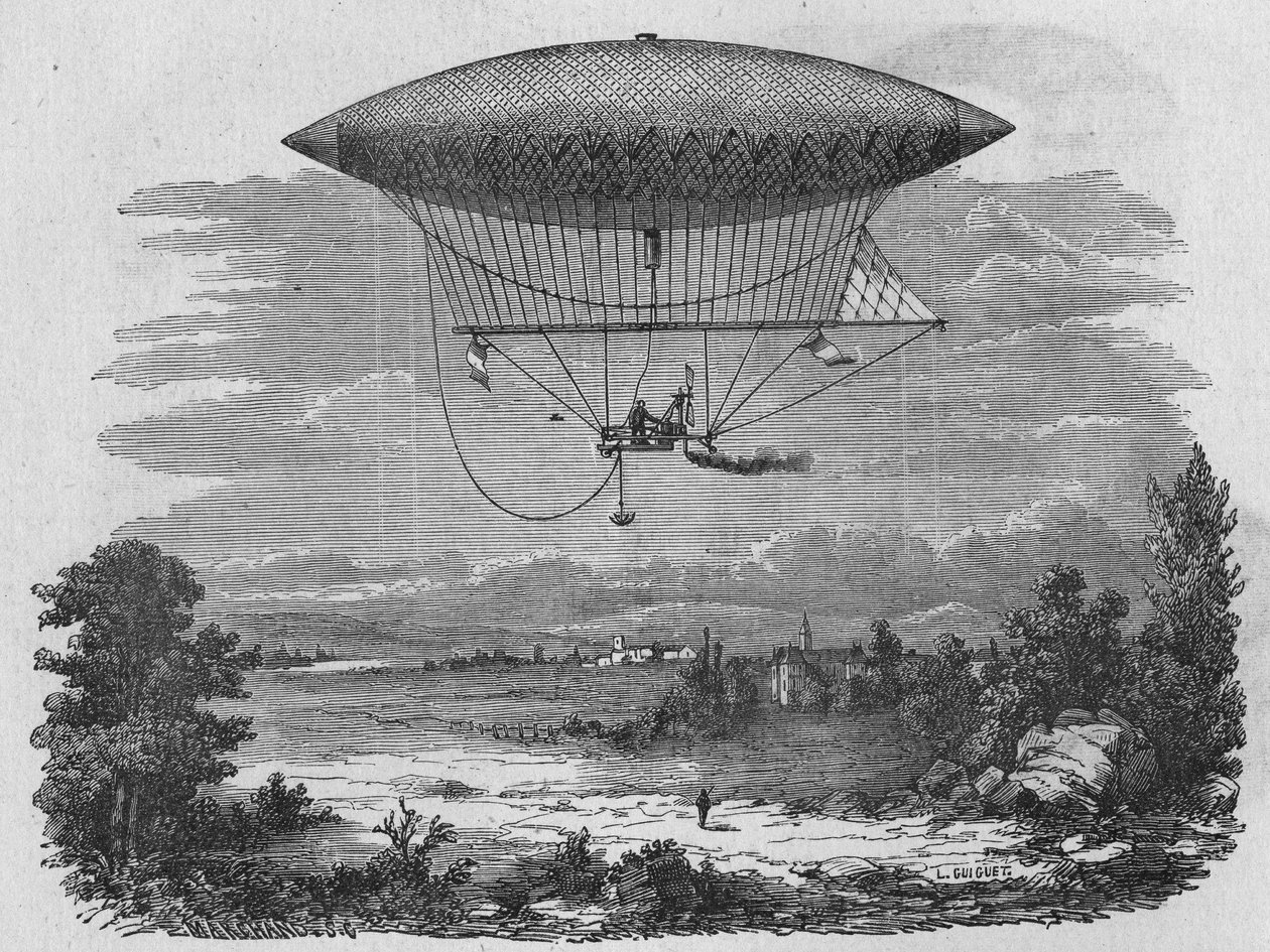 Henry Giffard está testando um aerostato a vapor de 44 metros de comprimento. In" Album de la Science", Éditions Jouvet de Unknown artist
