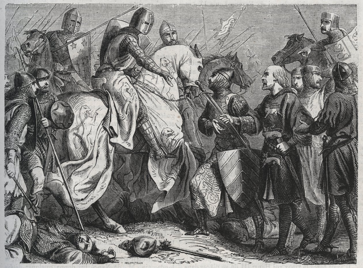 Henrique III (Henrique III Plantagenet da Inglaterra) (1207-1272) é capturado por Simon V de Montfort (ca. 1208-1265) em Lewes em Sussex 1264 - gravura 1864 de Unknown artist