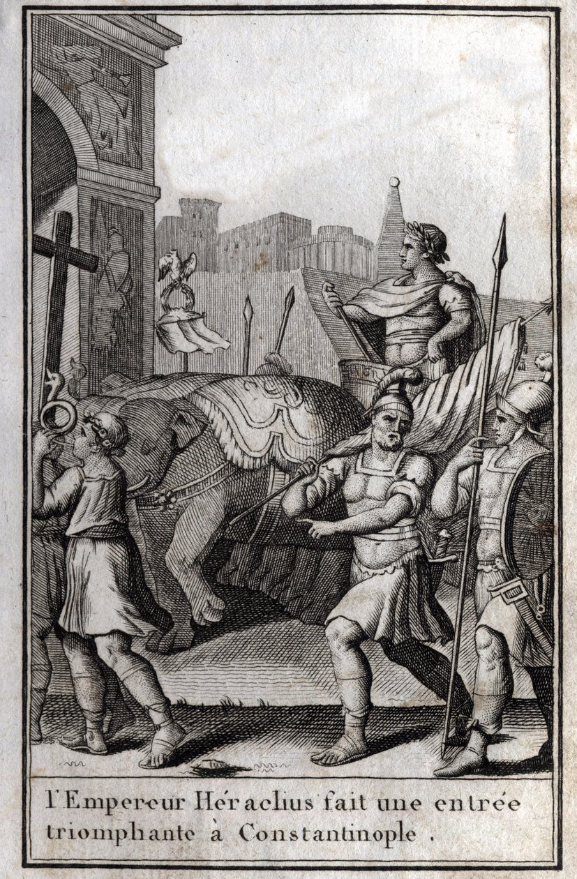 Heraclius I (Flavius Heraclius, Herakleios (cerca de 575-610/641), imperador bizantino, fez uma entrada triunfante em Constantinopla. Subiu numa carruagem alcançada por quatro elefantes e trouxe perante ele a Cruz Verdadeira (Santa Cruz) que tinha sido tir de Unknown artist