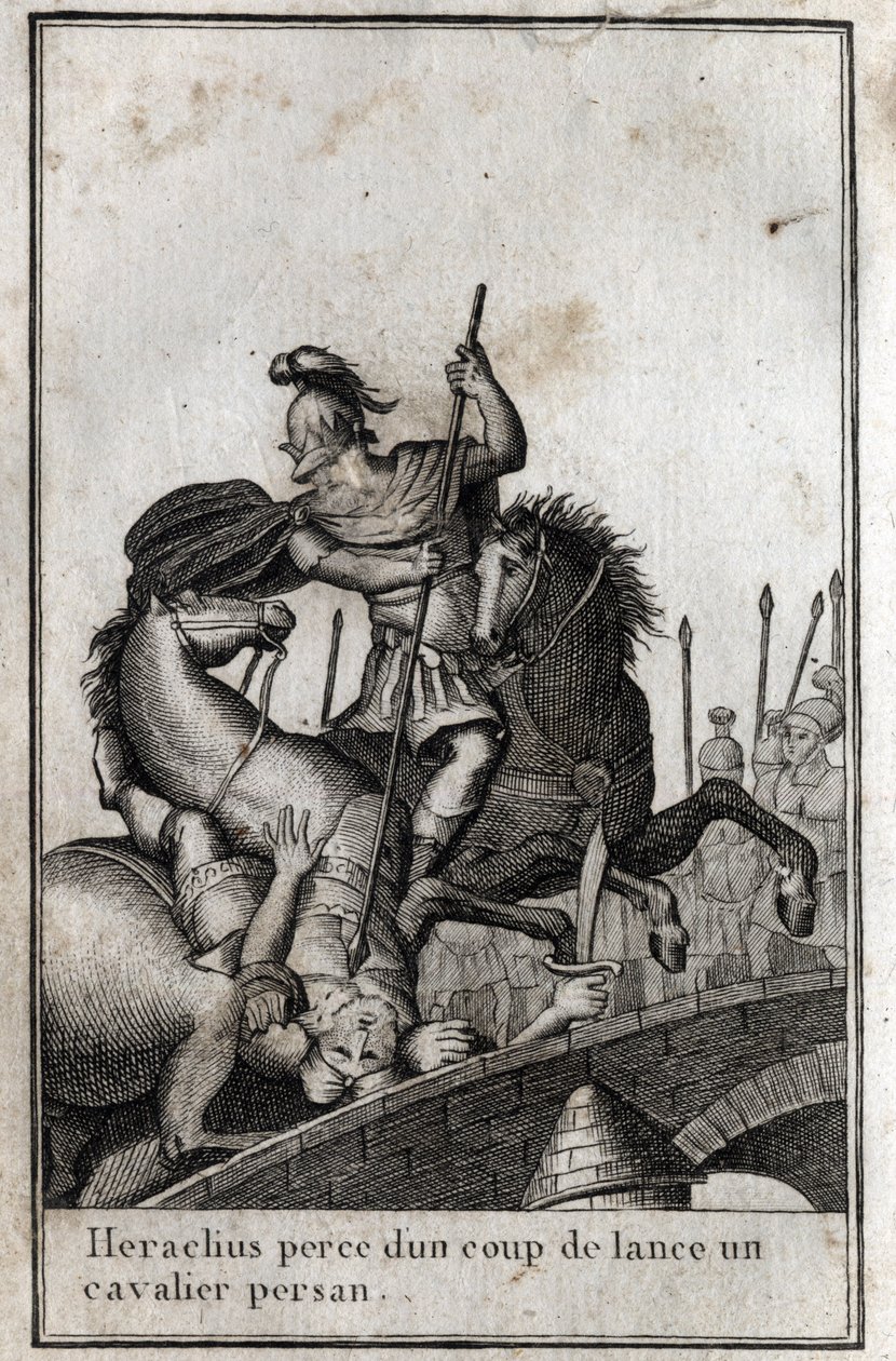 Heraclius I (Flavius Heraclius, Herakleios (cerca de 575-610/641), imperador bizantino, lança um cavaleiro persa (guerra contra os persas), século VII. Gravura em "Beaute de l