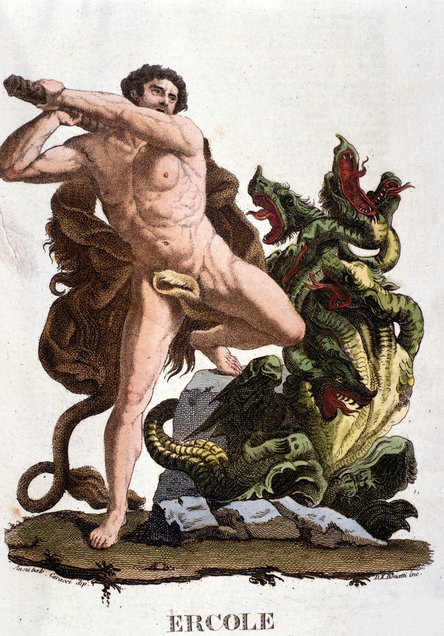 Hércules derrota a Hidra de Lerna - gravura de Unknown artist