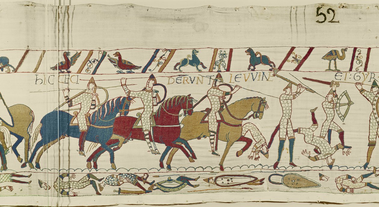 Aqui caíram os irmãos de Harold: Gyrth e Leofwine, Bayeux Tapestry (bordado de lã em linho) de Unknown artist